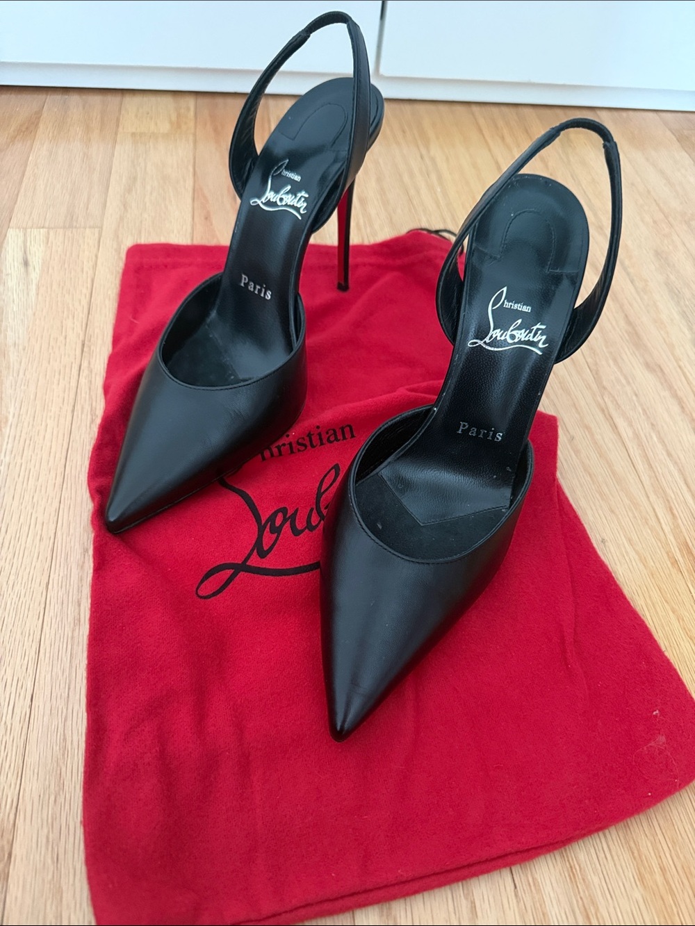 Christian Louboutin Black Leather Slingback Pointed Stilettos with Red Sole - Picture 9 of 11